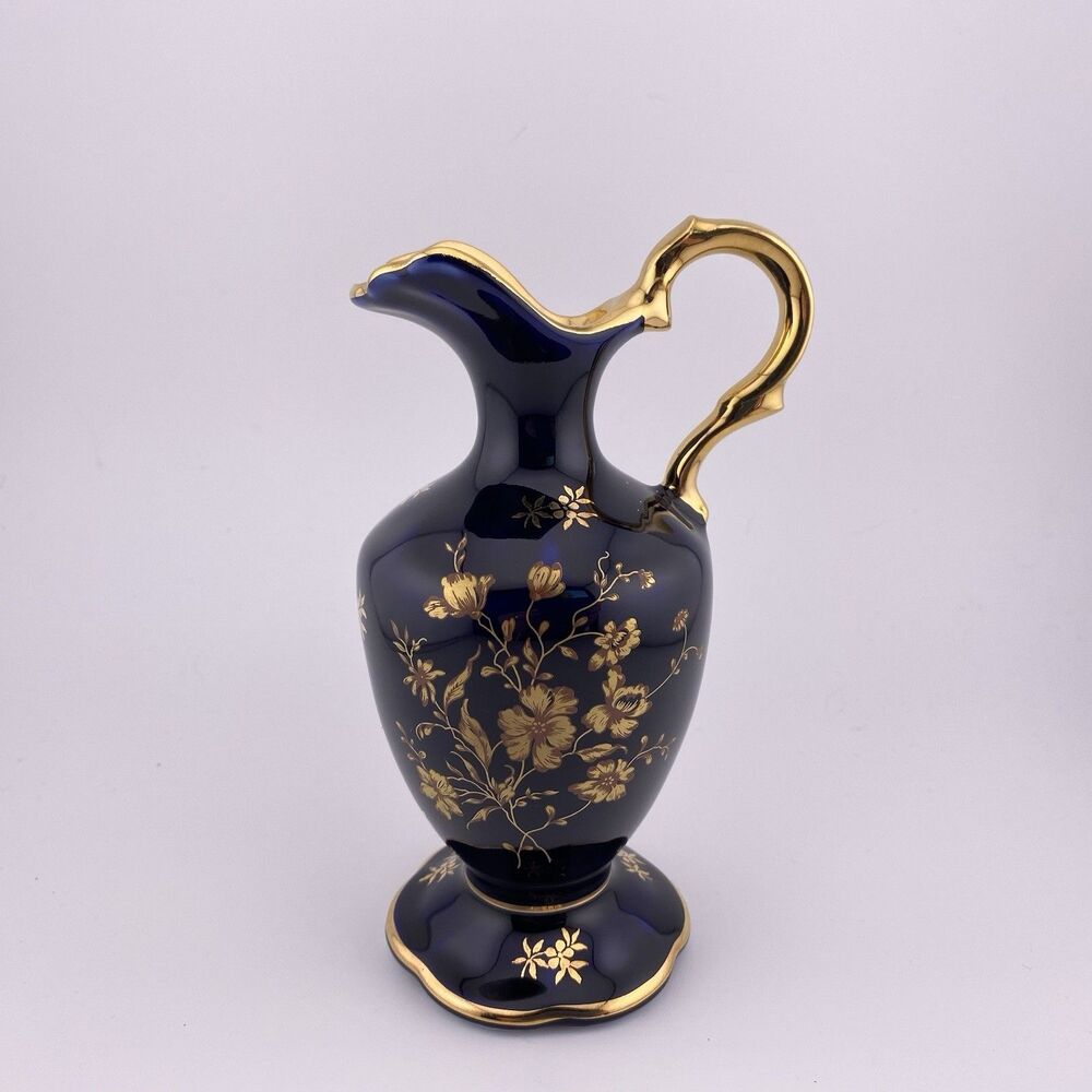 Castel Limoges France Cobalt Blue Gold Pitcher - 6”
